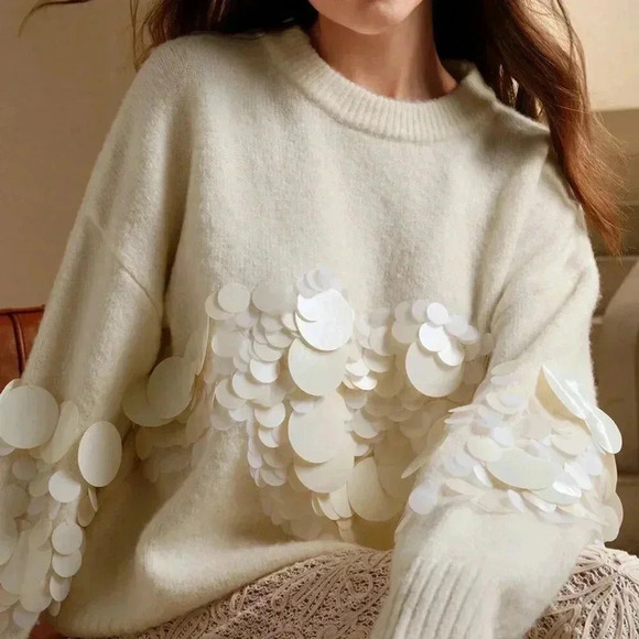 Apricot Casual Women's Handmade Beaded & Sequined Delicate Pullover Sweater - Picture 6 of 7